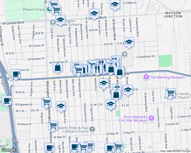 map of restaurants, bars, coffee shops, grocery stores, and more near Island Avenue in Los Angeles