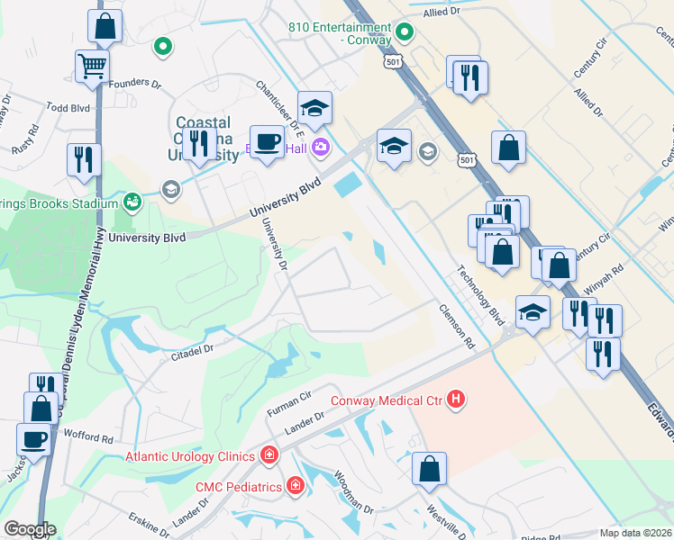 map of restaurants, bars, coffee shops, grocery stores, and more near 134 University Circle in Conway