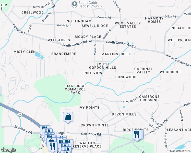 map of restaurants, bars, coffee shops, grocery stores, and more near 6715 Malvin Drive in Austell