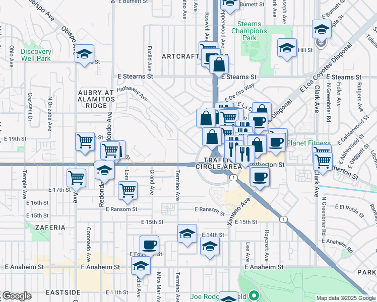 map of restaurants, bars, coffee shops, grocery stores, and more near 4133 East Mendez Street in Long Beach