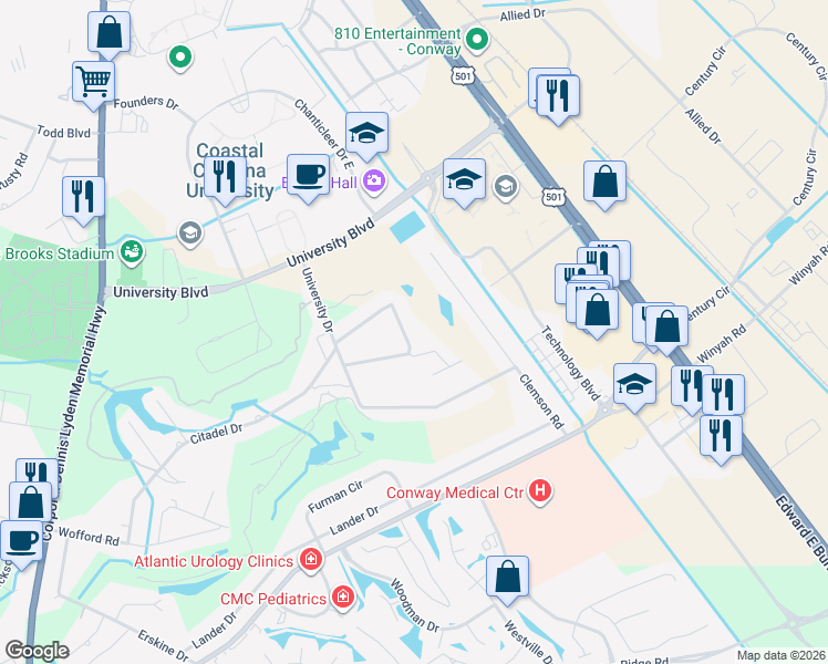 map of restaurants, bars, coffee shops, grocery stores, and more near 127 University Circle in Conway