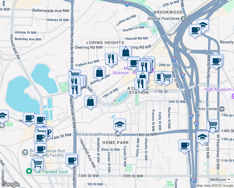 map of restaurants, bars, coffee shops, grocery stores, and more near 401 17th Street Northwest in Atlanta