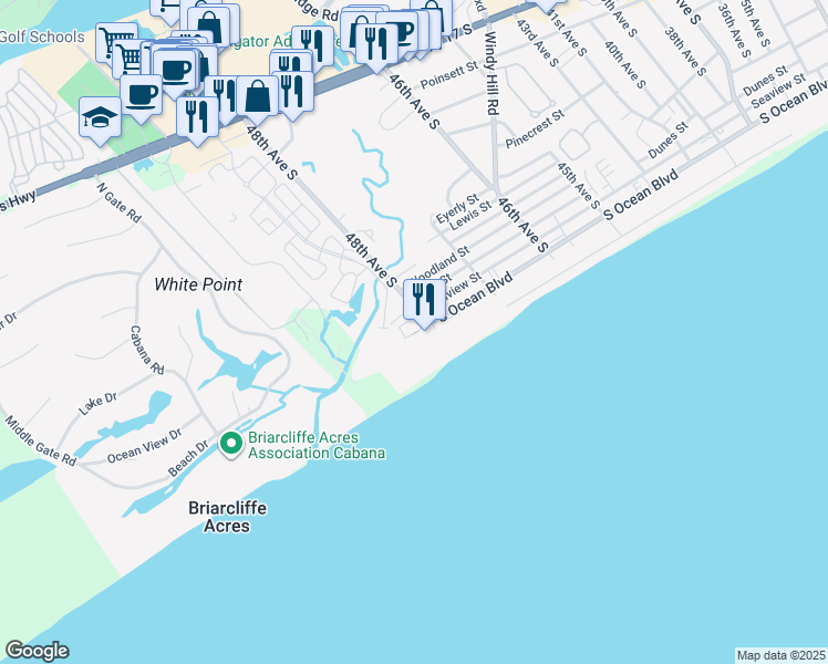 map of restaurants, bars, coffee shops, grocery stores, and more near 8500 South Ocean Boulevard in North Myrtle Beach