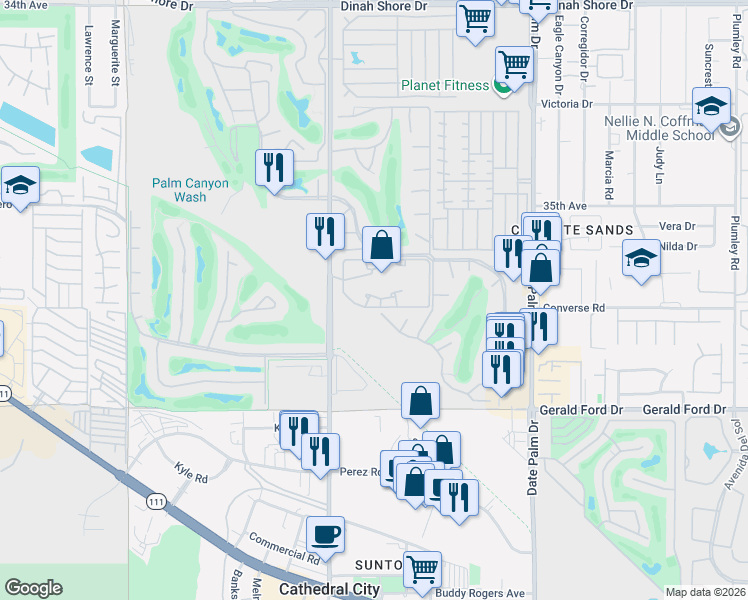 map of restaurants, bars, coffee shops, grocery stores, and more near 35200 Cathedral Canyon Drive in Cathedral City