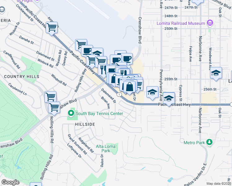 map of restaurants, bars, coffee shops, grocery stores, and more near 2550 Pacific Coast Highway in Torrance