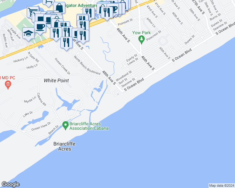 map of restaurants, bars, coffee shops, grocery stores, and more near 8500 South Ocean Boulevard in North Myrtle Beach