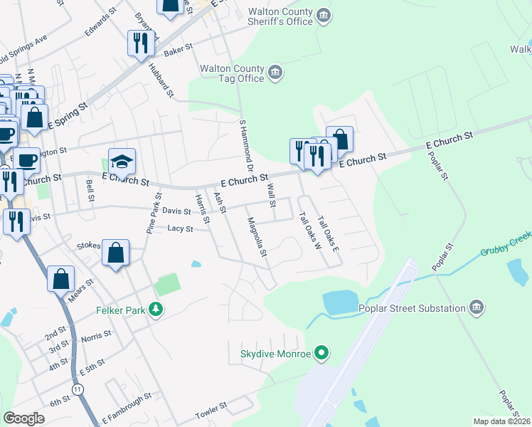 map of restaurants, bars, coffee shops, grocery stores, and more near 1005 New Lacy Street in Monroe