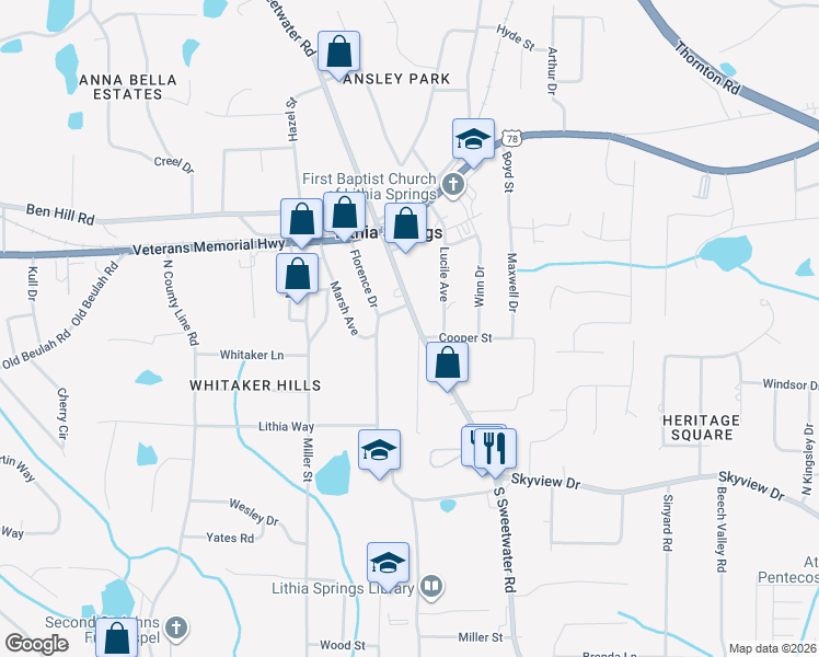 map of restaurants, bars, coffee shops, grocery stores, and more near 6745 Mark Turner Road in Lithia Springs