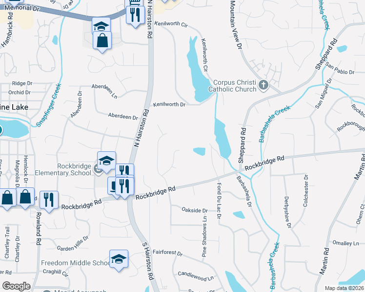 map of restaurants, bars, coffee shops, grocery stores, and more near 494 Hickory Hills Trail in Stone Mountain