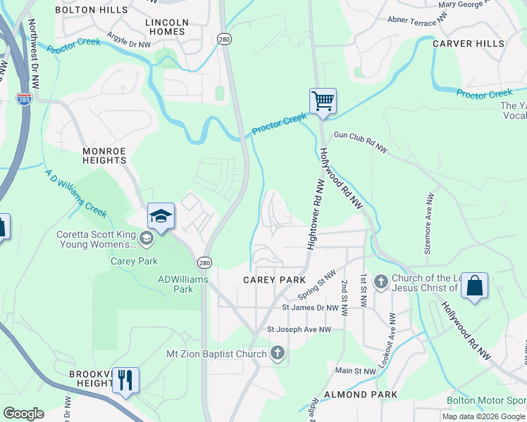 map of restaurants, bars, coffee shops, grocery stores, and more near 2500 Center Street Northwest in Atlanta