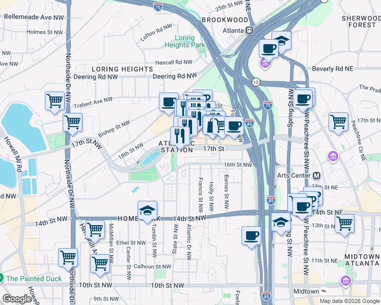 map of restaurants, bars, coffee shops, grocery stores, and more near in Atlanta