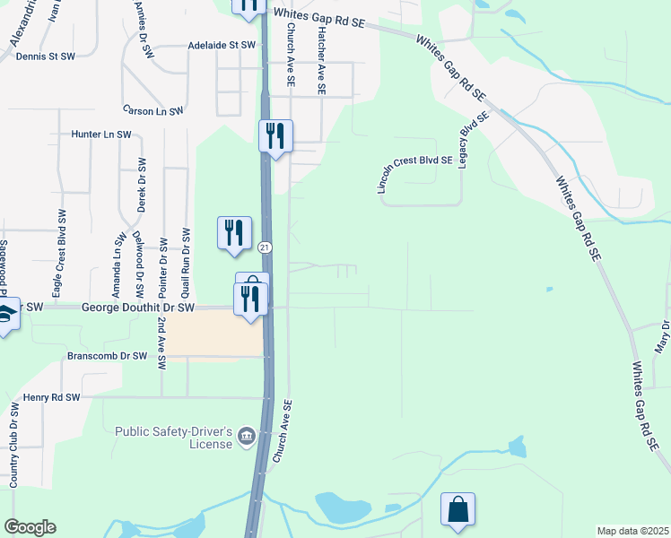 map of restaurants, bars, coffee shops, grocery stores, and more near 1585 Church Avenue Southeast in Jacksonville