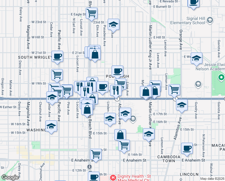map of restaurants, bars, coffee shops, grocery stores, and more near 541 East Dayman Street in Long Beach