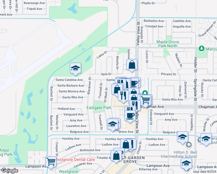 map of restaurants, bars, coffee shops, grocery stores, and more near 11822 Saint Mark Street in Garden Grove