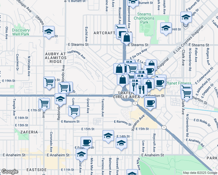 map of restaurants, bars, coffee shops, grocery stores, and more near 4133 East Mendez Street in Long Beach