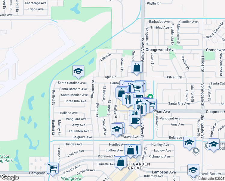 map of restaurants, bars, coffee shops, grocery stores, and more near 11822 Saint Mark Street in Garden Grove