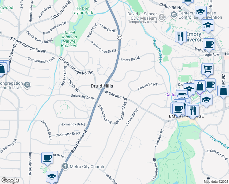 map of restaurants, bars, coffee shops, grocery stores, and more near 1302 North Decatur Road in Atlanta