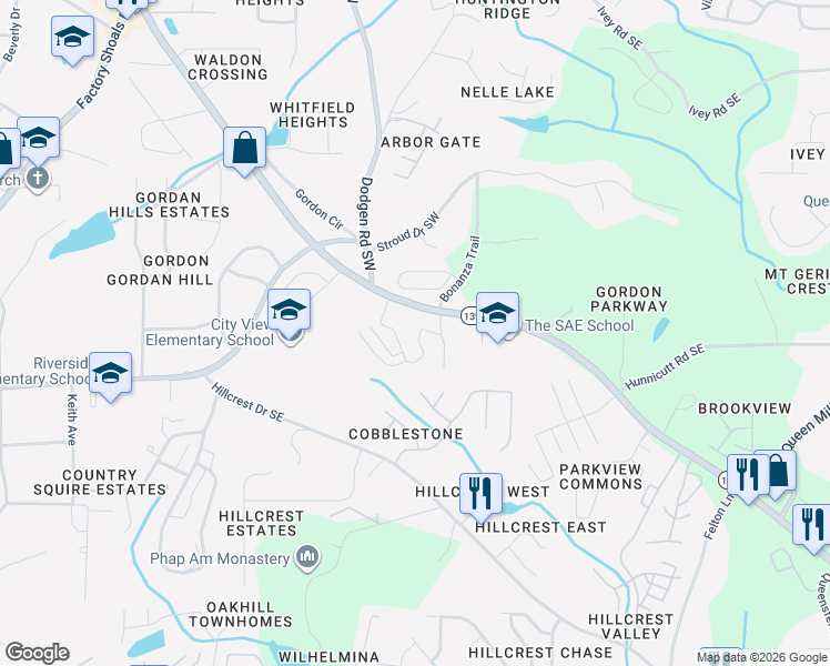map of restaurants, bars, coffee shops, grocery stores, and more near 6660 Mableton Parkway Southeast in Mableton
