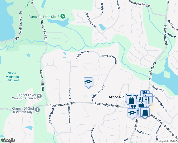 map of restaurants, bars, coffee shops, grocery stores, and more near 787 Wynbrooke Parkway in Stone Mountain