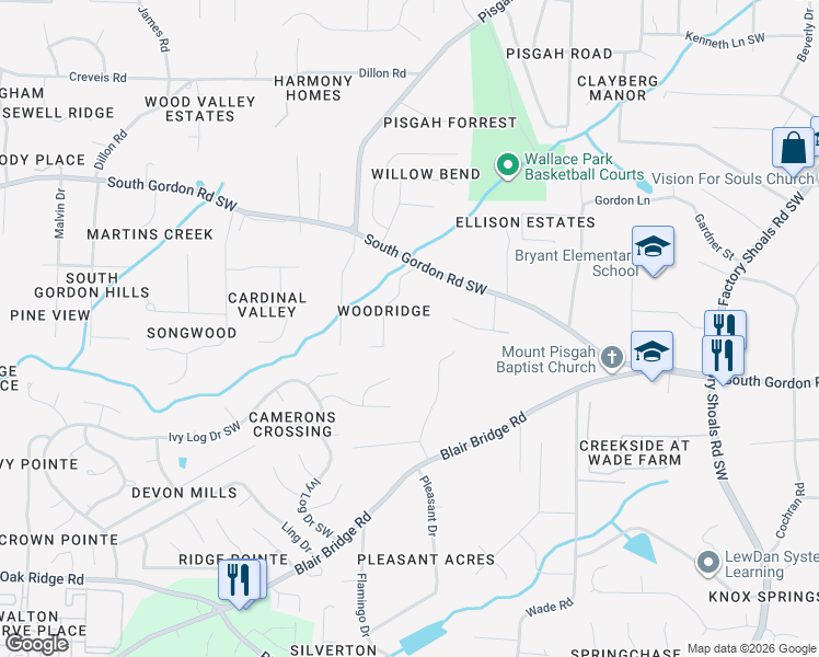 map of restaurants, bars, coffee shops, grocery stores, and more near 6651 Shady Ridge Lane in Austell