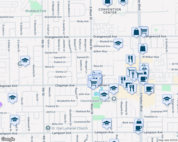 map of restaurants, bars, coffee shops, grocery stores, and more near 11861 West Street in Garden Grove