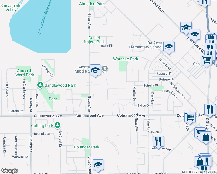 map of restaurants, bars, coffee shops, grocery stores, and more near 1437 Noble Rein Drive in San Jacinto