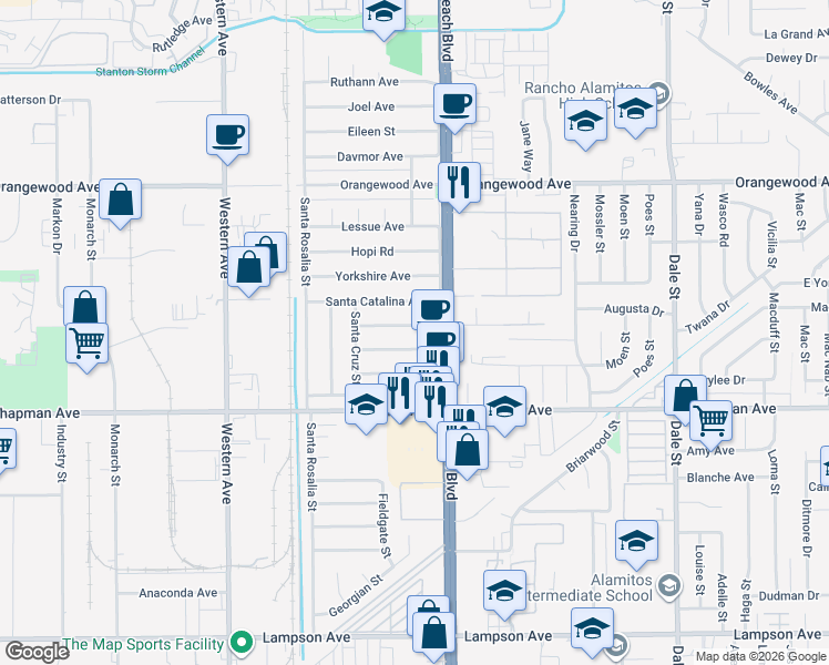 map of restaurants, bars, coffee shops, grocery stores, and more near 7902 Santa Barbara Avenue in Stanton