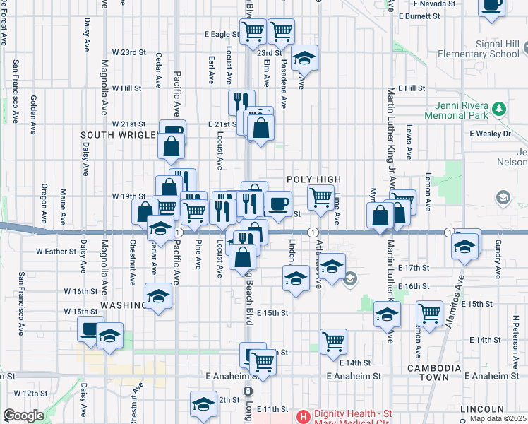 map of restaurants, bars, coffee shops, grocery stores, and more near 408 East Dayman Street in Long Beach