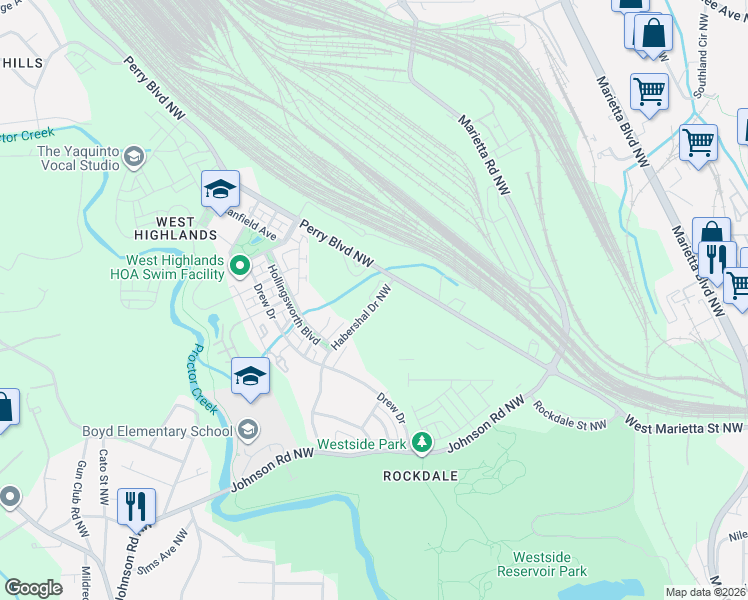 map of restaurants, bars, coffee shops, grocery stores, and more near 1724 Habershal Drive Northwest in Atlanta