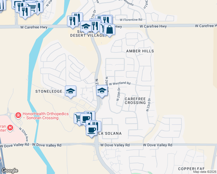 map of restaurants, bars, coffee shops, grocery stores, and more near 33716 North 26th Avenue in Phoenix