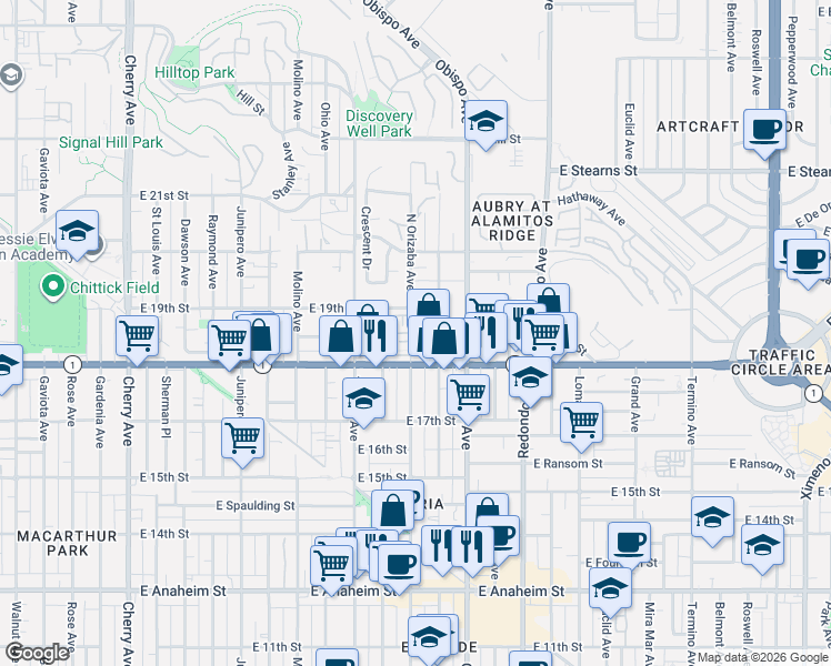 map of restaurants, bars, coffee shops, grocery stores, and more near 1838 Orizaba Avenue in Signal Hill