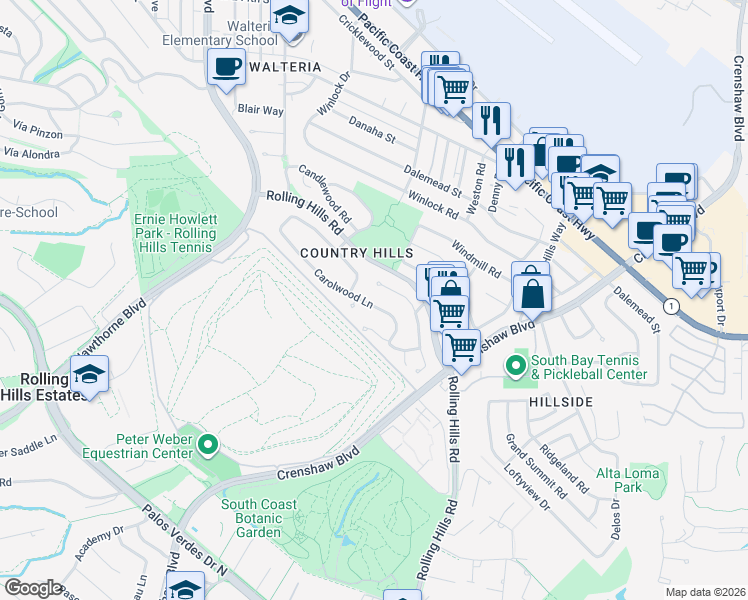 map of restaurants, bars, coffee shops, grocery stores, and more near 3015 Carolwood Lane in Torrance