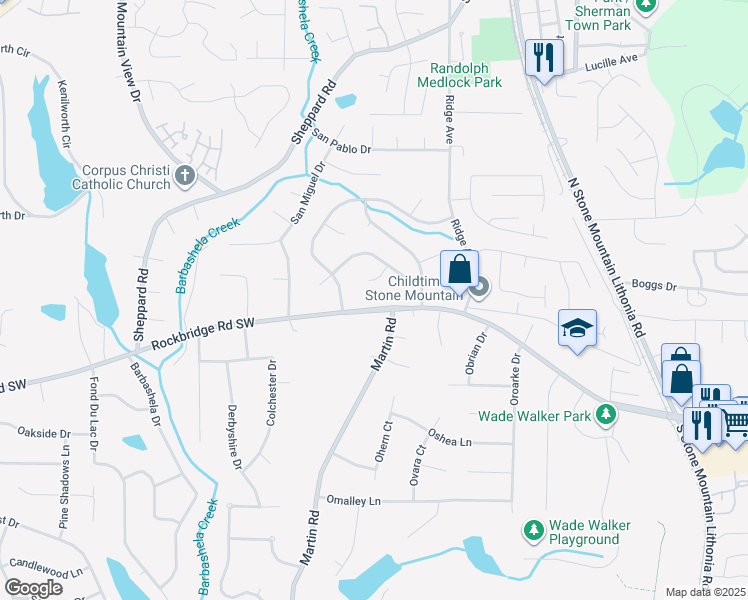 map of restaurants, bars, coffee shops, grocery stores, and more near 5350 Rockbridge Road Southwest in Stone Mountain