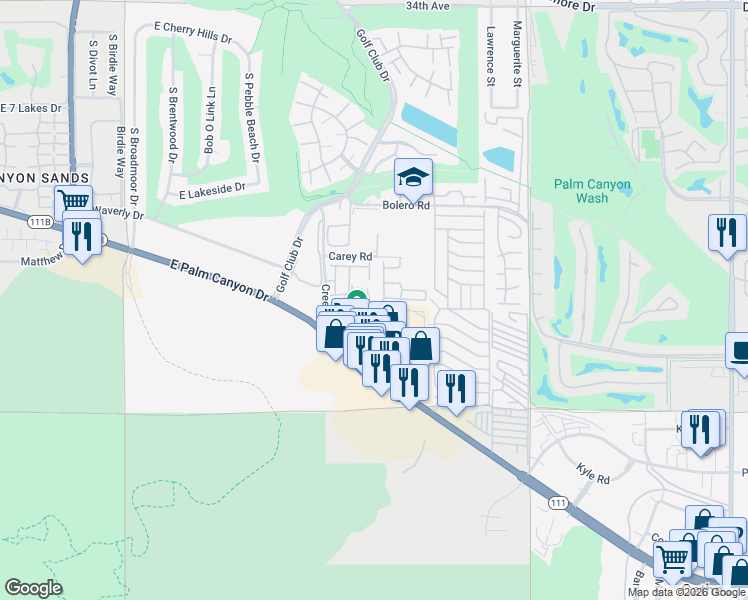 map of restaurants, bars, coffee shops, grocery stores, and more near 67590 Jones Road in Cathedral City