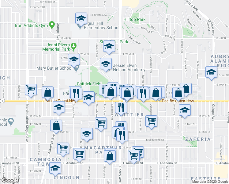 map of restaurants, bars, coffee shops, grocery stores, and more near 1850 Gardenia Avenue in Long Beach