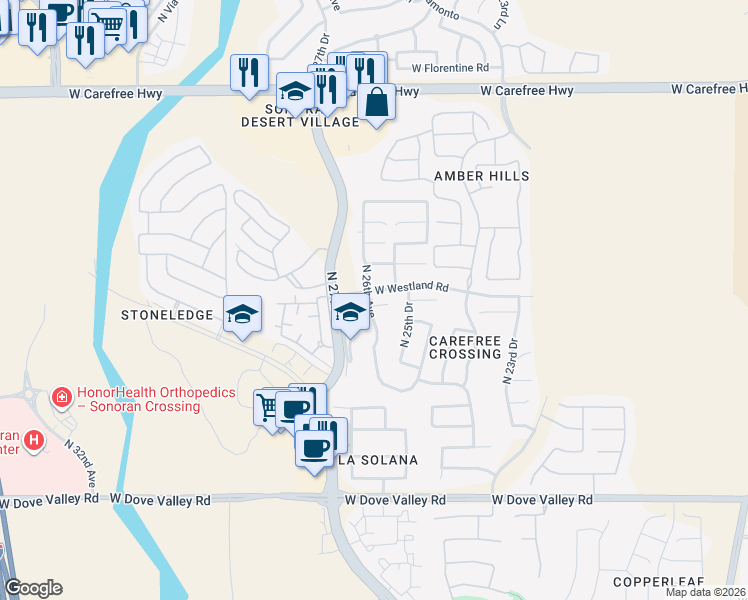 map of restaurants, bars, coffee shops, grocery stores, and more near 33716 North 26th Avenue in Phoenix