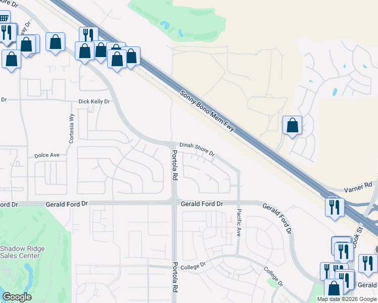 map of restaurants, bars, coffee shops, grocery stores, and more near 35450 Core Drive in Palm Desert