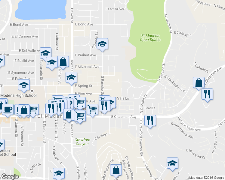 map of restaurants, bars, coffee shops, grocery stores, and more near 19101 East Ryals Lane in Orange