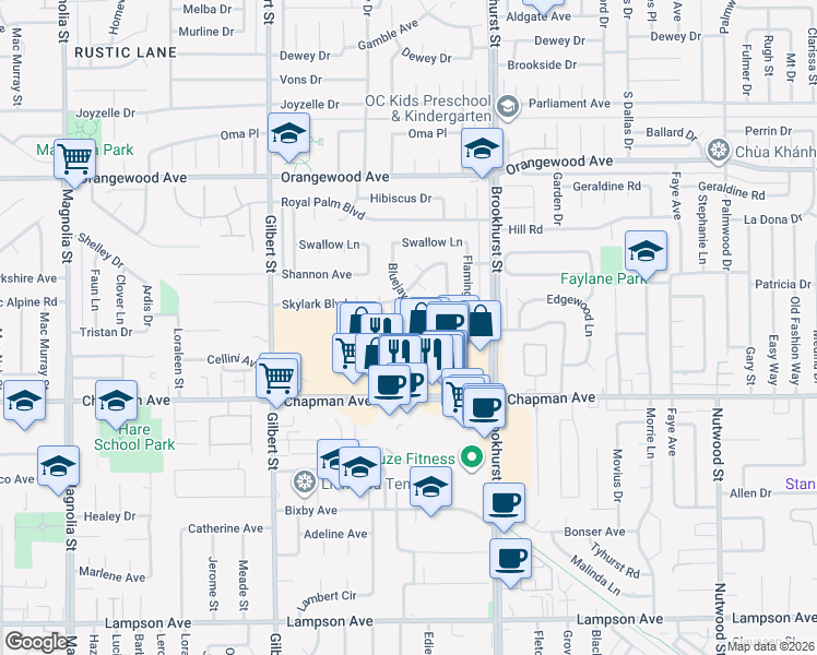 map of restaurants, bars, coffee shops, grocery stores, and more near 9842 Cockatoo Lane in Garden Grove