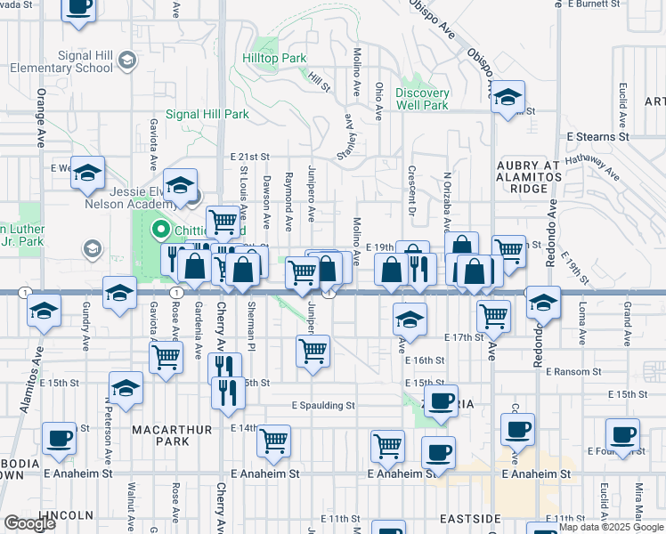 map of restaurants, bars, coffee shops, grocery stores, and more near 1855 Stanley Avenue in Signal Hill