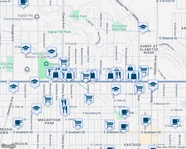 map of restaurants, bars, coffee shops, grocery stores, and more near 1835 Stanley Avenue in Signal Hill