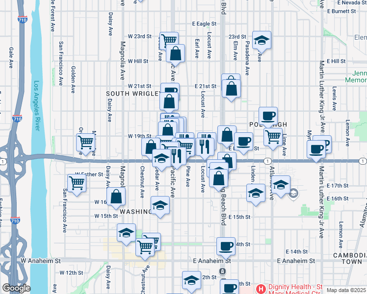 map of restaurants, bars, coffee shops, grocery stores, and more near 1823 Pine Avenue in Long Beach