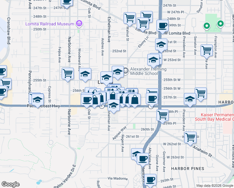 map of restaurants, bars, coffee shops, grocery stores, and more near 1956 257th Street in Lomita