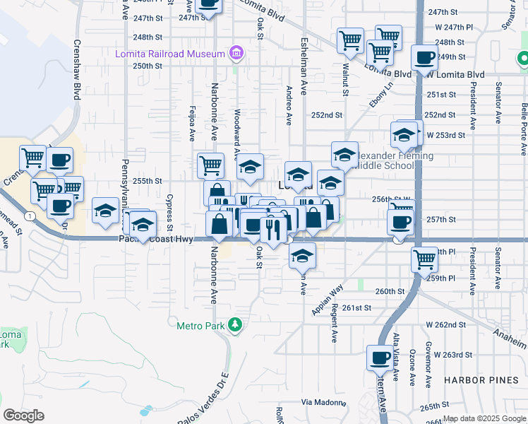 map of restaurants, bars, coffee shops, grocery stores, and more near 25620 Oak Street in Lomita