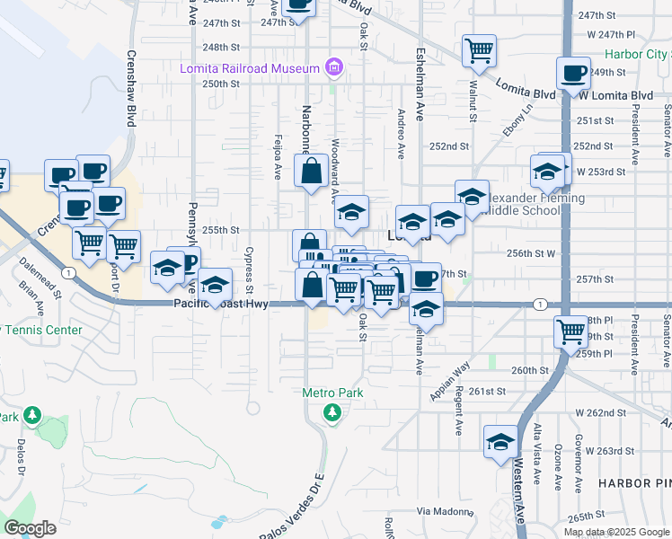 map of restaurants, bars, coffee shops, grocery stores, and more near 2155 Pacific Coast Highway in Lomita