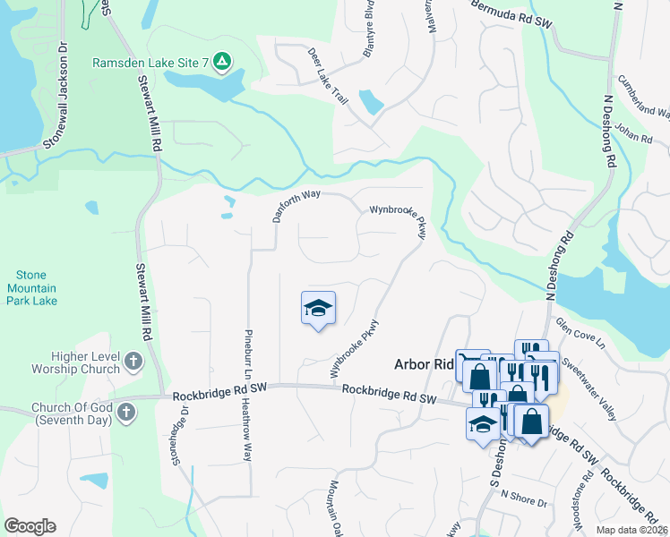 map of restaurants, bars, coffee shops, grocery stores, and more near 6770 Devon Trce in Stone Mountain