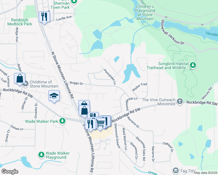 map of restaurants, bars, coffee shops, grocery stores, and more near 5622 Carriage Walk Way in Stone Mountain