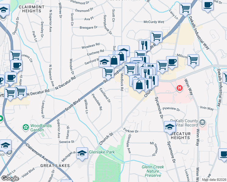 map of restaurants, bars, coffee shops, grocery stores, and more near 2400 Charleston Oaks Lane in Decatur