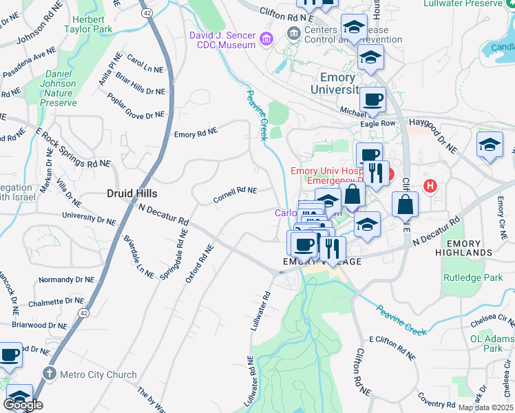 map of restaurants, bars, coffee shops, grocery stores, and more near 1290 Oxford Road Northeast in Atlanta