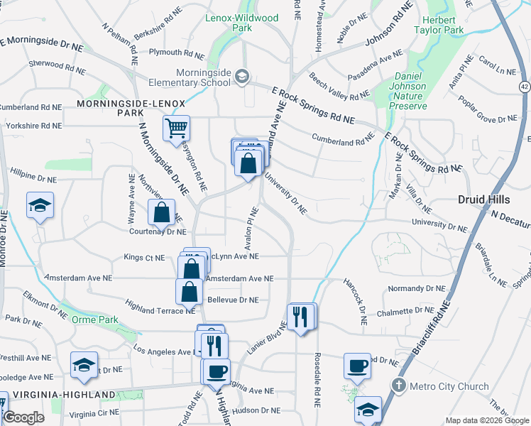 map of restaurants, bars, coffee shops, grocery stores, and more near 1322 Lanier Boulevard Northeast in Atlanta